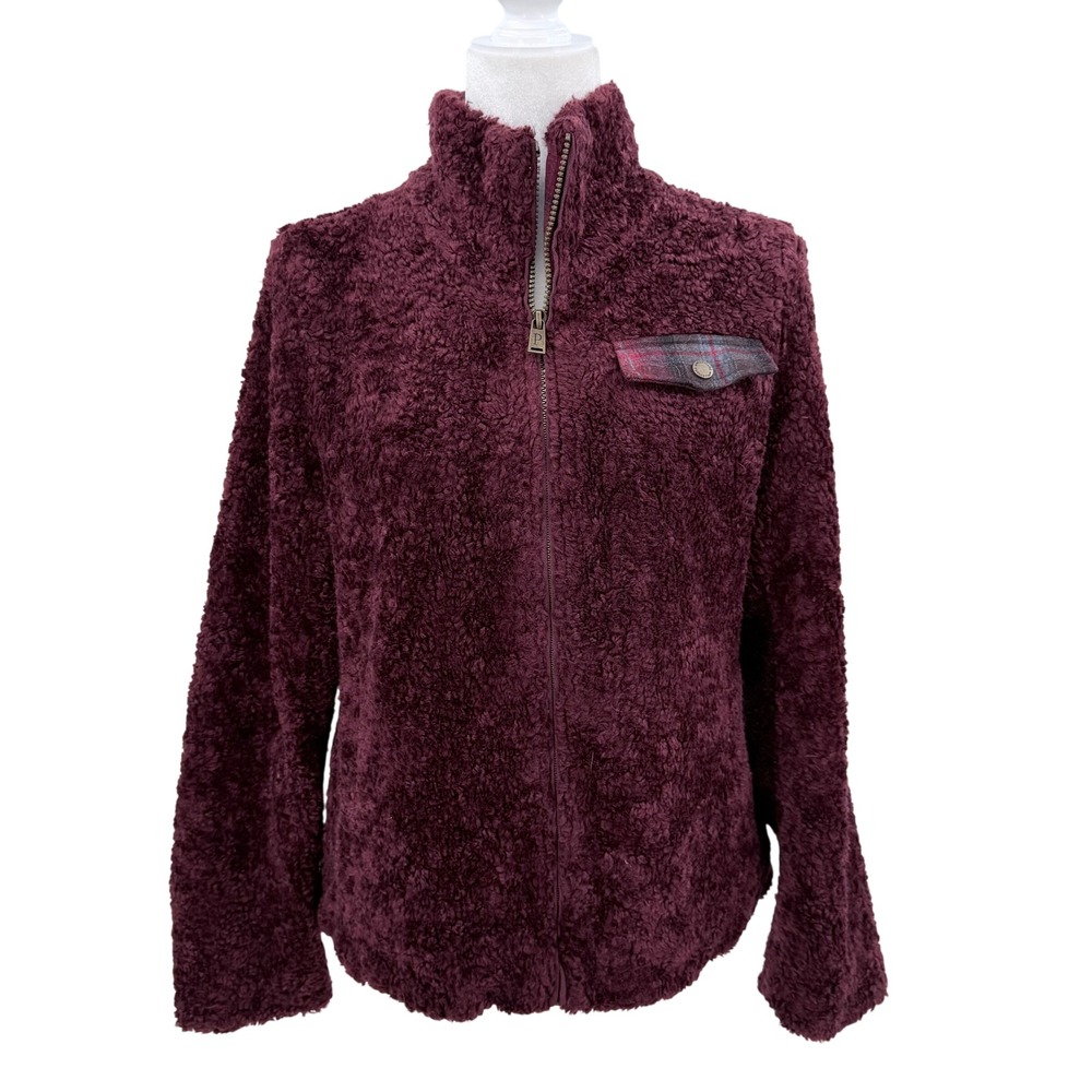 Pendleton Womens Burgundy‎ Sherpa Fleece Full Zip Jacket Plaid Pocket Medium